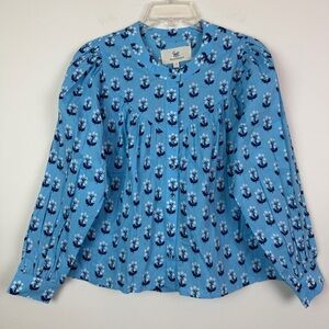 PRINTFRESH Organic Cotton Long Sleeve Blouse in Blue Floral Size XS